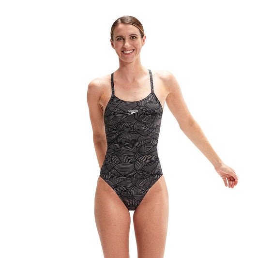 Speedo Allover Fixed Crossback Swimsuit - Black